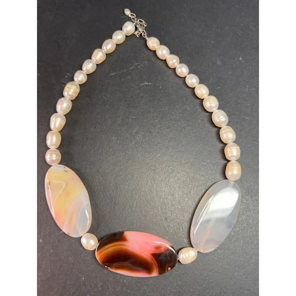 NEW freshwater pearl and agate necklace with sterling silver clasp